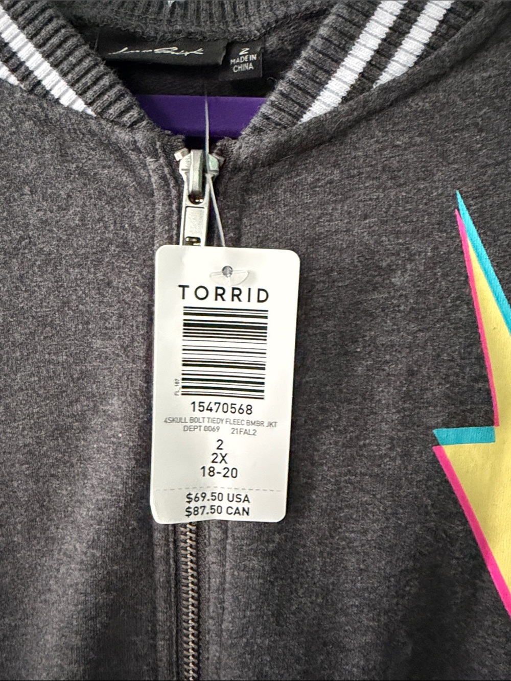 Torrid Relax Bomber Jacket Everyday Fleece Love Stick Skull Bolt Charcoal 2 (2X) - Picture 7 of 7
